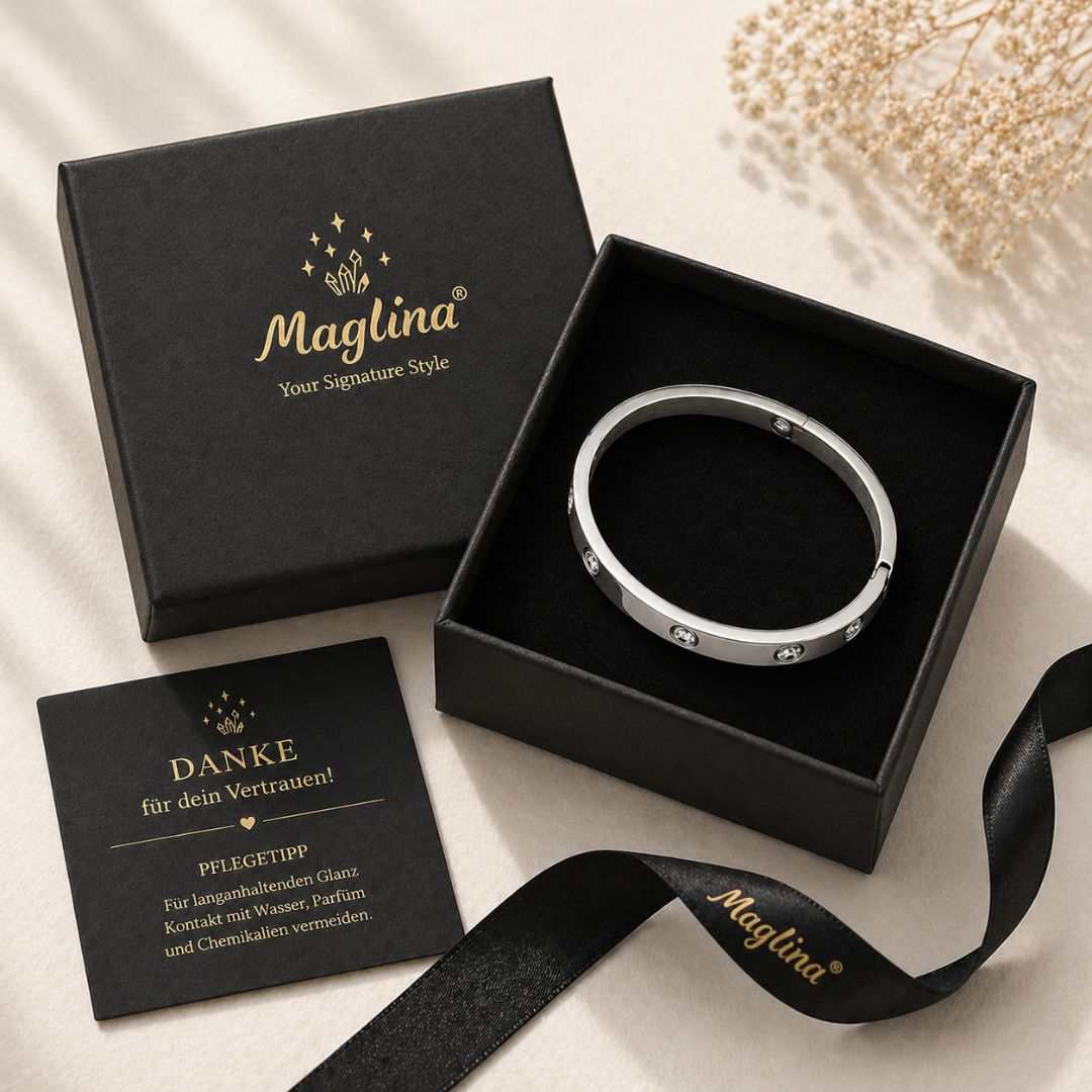 Maglina Éternité Armreif Damen Öffenbar – Eleganter Edelstahl Bangle mit 10 Zirkonia | Silber, Wasserfest & Nickelfrei | Designed in Germany | Schmuck Geschenk für Frauen | Ø 6 cm