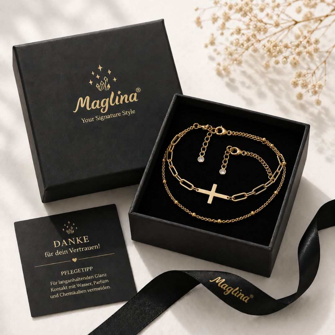 Maglina Faith Élégante Armband Set Damen Gold – 2-teiliges Armband mit Kreuz, Paperclip- & Kugelkette, 18K vergoldeter Edelstahl, Verstellbar 16-21 cm, Wasserfest