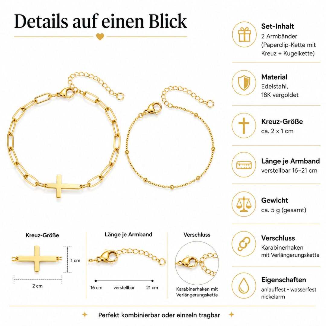 Maglina Faith Élégante Armband Set Damen Gold – 2-teiliges Armband mit Kreuz, Paperclip- & Kugelkette, 18K vergoldeter Edelstahl, Verstellbar 16-21 cm, Wasserfest