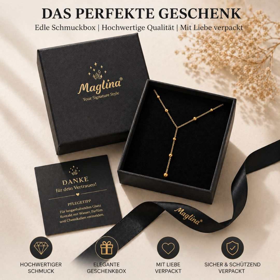 Maglina Élégance Dorée – Y-Kette Damen Gold | Lange Halskette mit fließendem Y-Drop, streckt die Silhouette | Verstellbar 40–45 cm + 10 cm | Edelstahl 18K vergoldet, nickelfrei | Geschenkbox