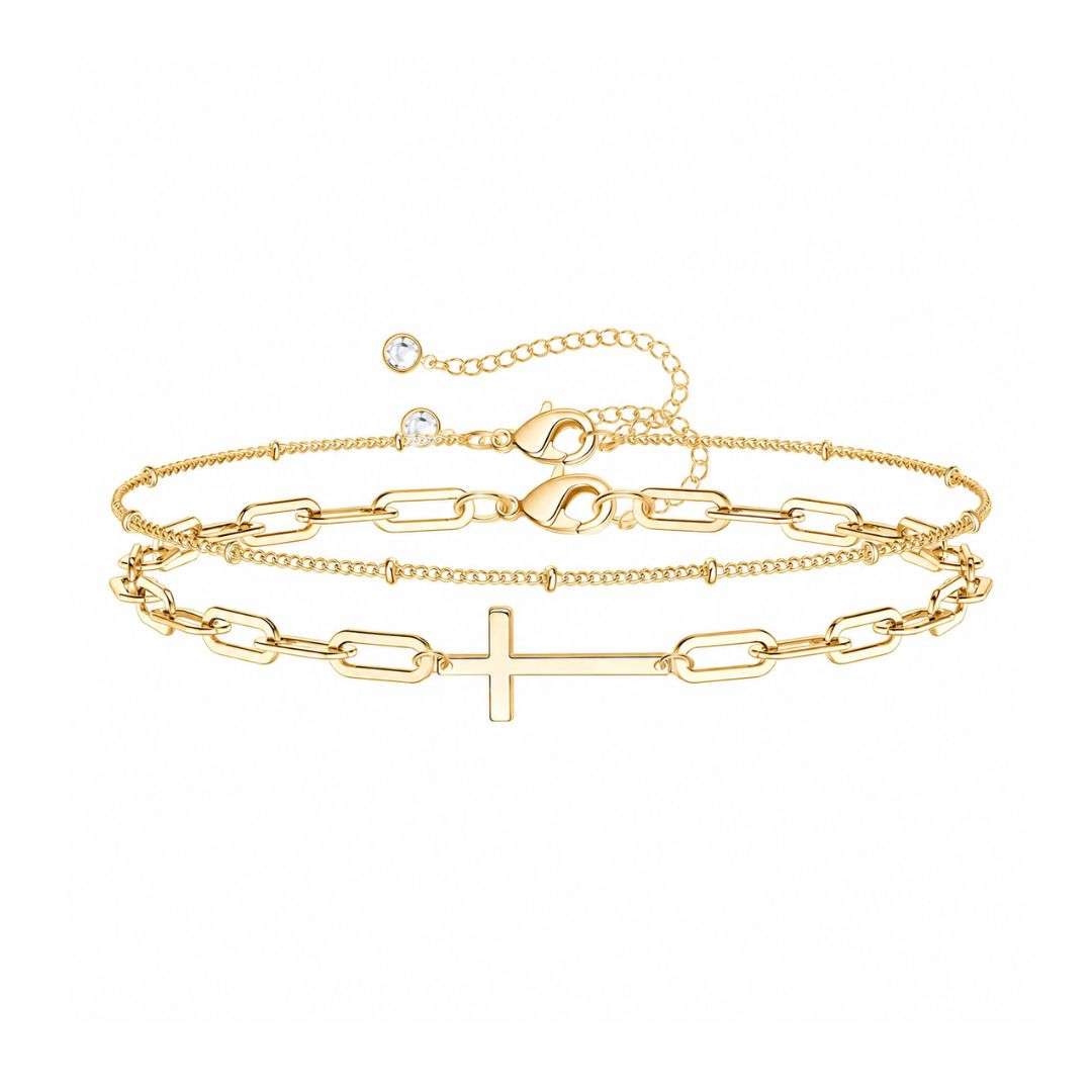Maglina Faith Élégante 2-teiliges vergoldetes Armband-Set Damen mit Kreuz, Paperclip- und Kugelkette, verstellbar, wasserfest