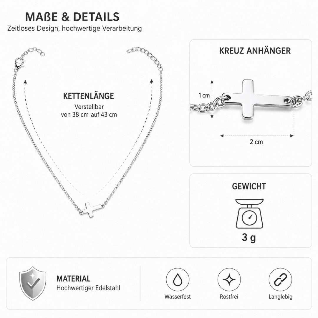 Maglina Side Cross Halskette Damen Silber – Minimalistische Kreuzkette aus Edelstahl, Wasserfest & Anlaufgeschützt – Verstellbar 38–43 cm