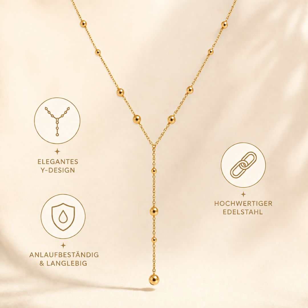 Maglina Élégance Dorée – Y-Kette Damen Gold | Lange Halskette mit fließendem Y-Drop, streckt die Silhouette | Verstellbar 40–45 cm + 10 cm | Edelstahl 18K vergoldet, nickelfrei | Geschenkbox