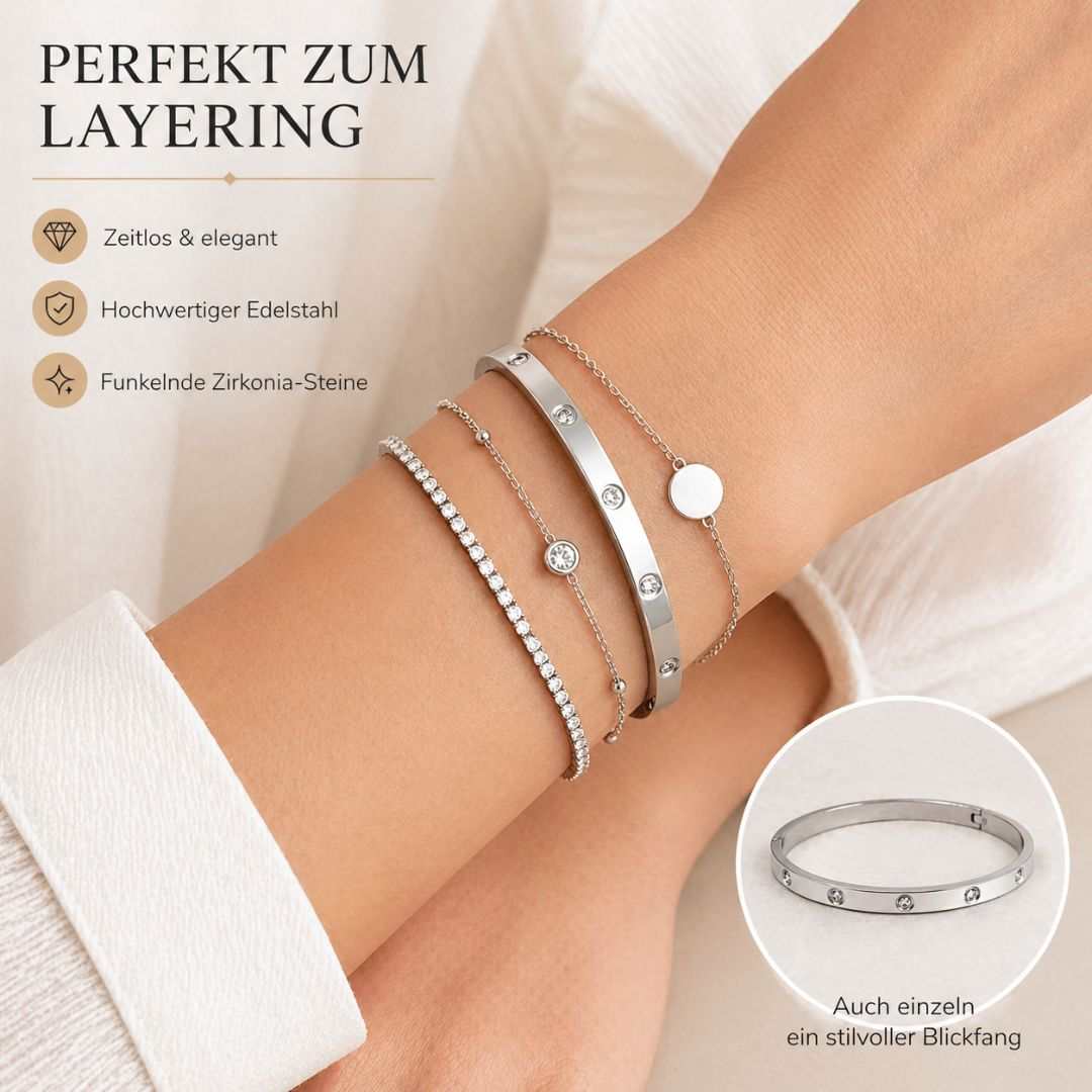 Maglina Éternité Armreif Damen Öffenbar – Eleganter Edelstahl Bangle mit 10 Zirkonia | Silber, Wasserfest & Nickelfrei | Designed in Germany | Schmuck Geschenk für Frauen | Ø 6 cm