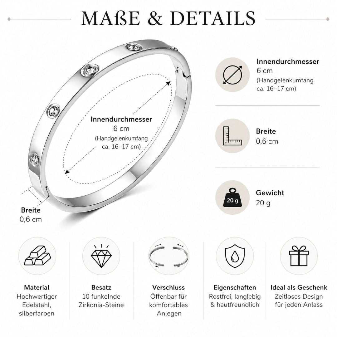 Maglina Éternité Armreif Damen Öffenbar – Eleganter Edelstahl Bangle mit 10 Zirkonia | Silber, Wasserfest & Nickelfrei | Designed in Germany | Schmuck Geschenk für Frauen | Ø 6 cm