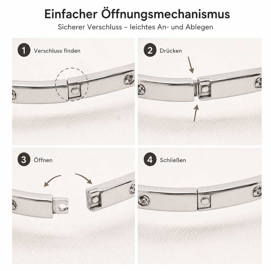 Maglina Éternité Armreif Damen Öffenbar – Eleganter Edelstahl Bangle mit 10 Zirkonia | Silber, Wasserfest & Nickelfrei | Designed in Germany | Schmuck Geschenk für Frauen | Ø 6 cm